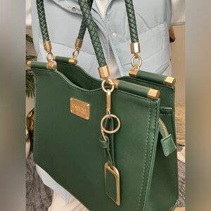 Bebe Yolanda Saffiano Satchel Handbag in Forrest Green Brushed Gold Hardware